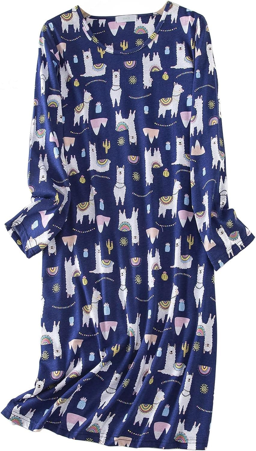 CHUNG Women's Cotton Nightgowns Long Sleeve Above Knee Vivid Print Nighties Sleepshirts Dress Sleepwear Autumn Winter