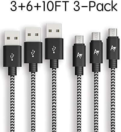 AYIPE Micro USB Cable [3-Pack] - 3+6+10FT (1+2+3 Meter) - Blackwhite - Nylon Braide-Tangle-Free Micro USB Cable for Android, Samsung, HTC, Motorola, Nokia and More