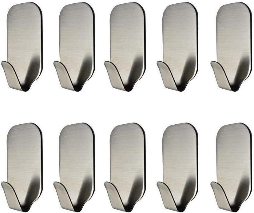 10 Pcs Wall Mounted Adhesive Hooks Stainless Steel S Shaped Door Hanging Holder Installation Non Screw Tile Wood Surface Waterproof Hanger Utensils for Robe, Coat, Towel, Keys, Home, Kitchen