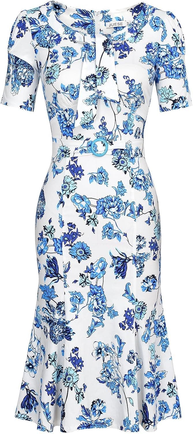JUESE Women's 50s 60s Formal or Casual Party Pencil Dress(L,White Blue Floral)
