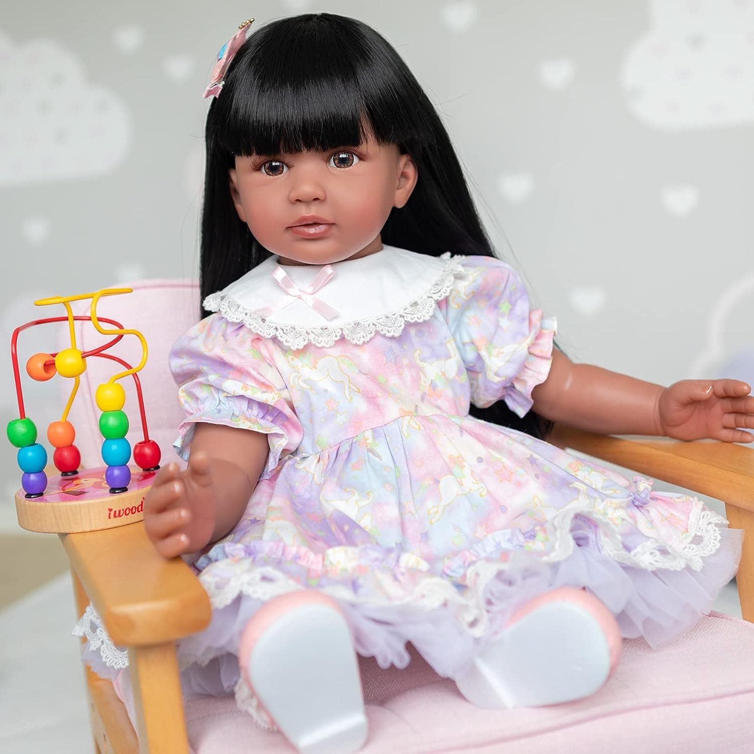 Angelbaby Reborn Toddle Doll Girl Black, 24inch Realistic African American Reborn Baby with Black Long Hair Soft Weighted Silicone Bebe Reborn Look Real