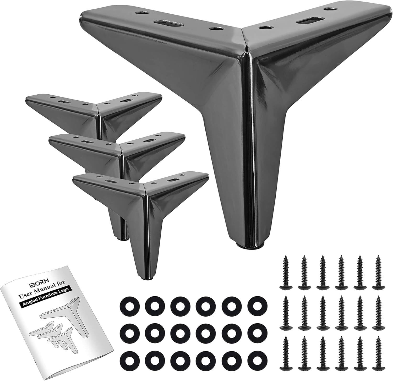 iBorn 4 inch Metal Furniture Legs Table Legs DIY Sofa Replacement Feet，Angled Design Black Brushed Finishing,Set of 4 （10cm）