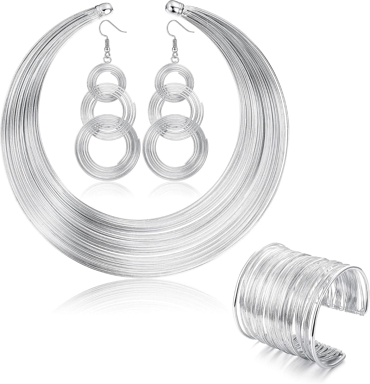 FIBO STEEL Bib Choker Statement Necklaces for Women 70s Disco Ball Dangle Earrings Wire Metal Coil Thin Cuff Bangle Bracelets Fashion Statement African Chunky Costume Jewelry Set
