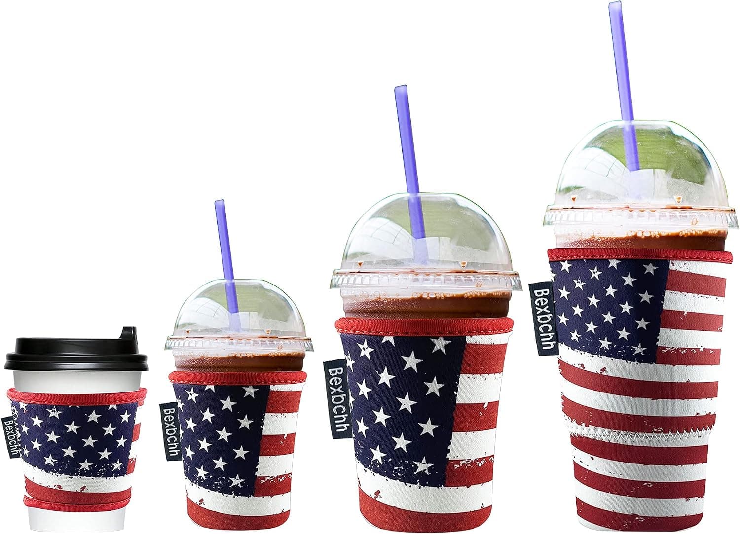 Bexbchh 4 Pack Reusable Iced Coffee Sleeves - Insulator Sleeve for Cold Beverages, Neoprene Cup Holder - Starbucks Coffee sleeve, Dunkin Coffee sleeve,More (Flag)