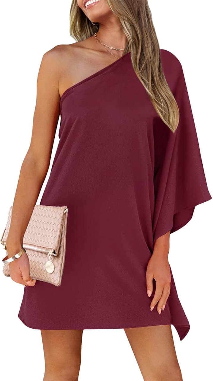 LEANI Women’s Sexy One Shoulder Mini Dress Loose Batwing Sleeve Club Party Short Dress