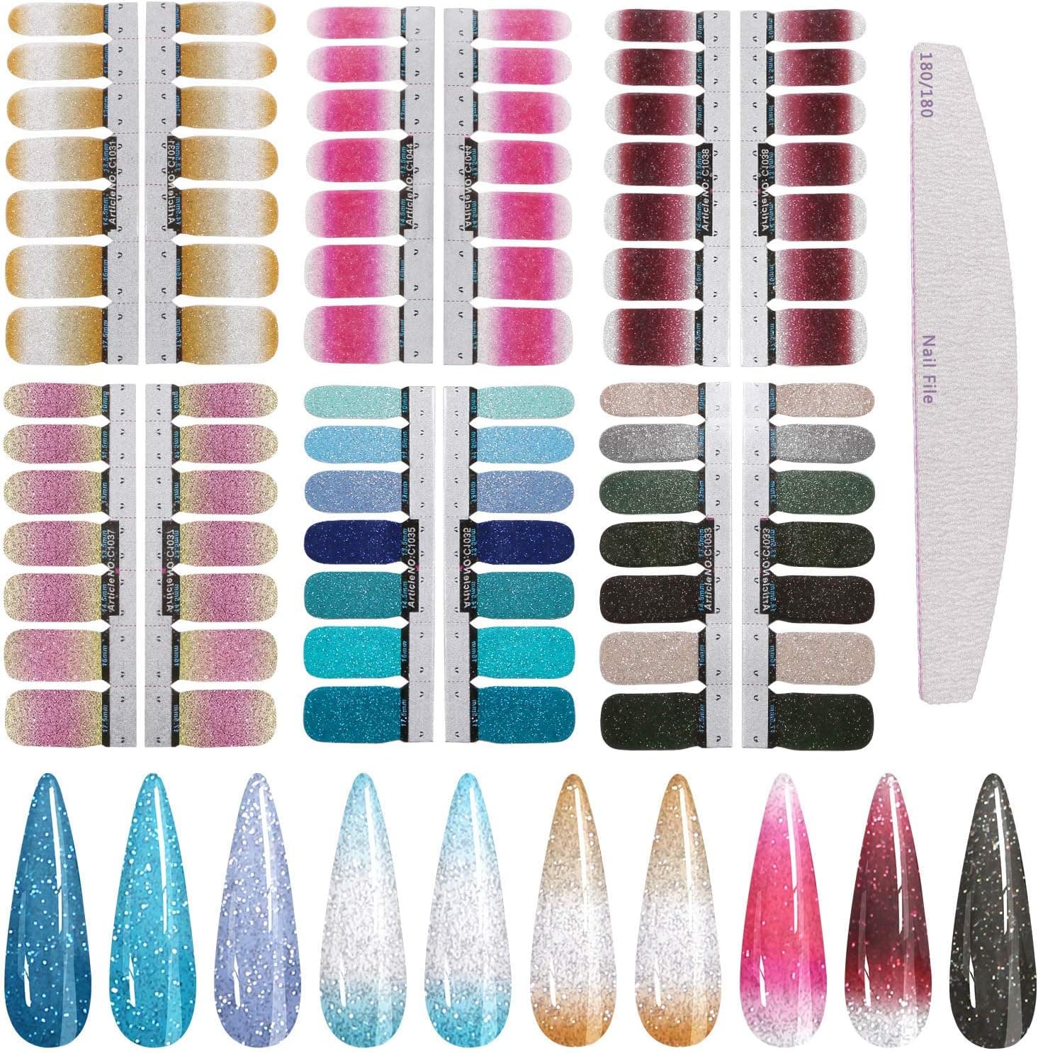 Nail Art Polish Stickers Strips, KISSBUTY 6 Sheets Glitter Nail Wraps Polish Decal Strips Adhesive Shine Nail Art Stickers with Nail File Manicure Kits For Women Girls (Glitter 2)