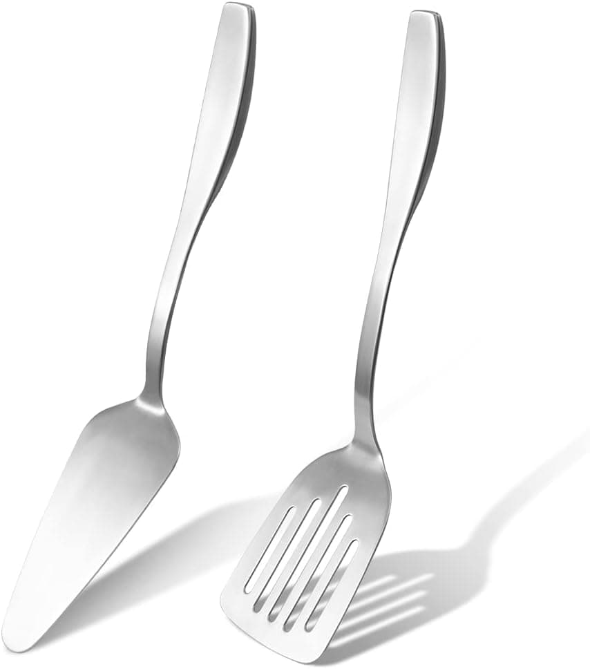 PAMISO Pie Spatulas Sever Stainless Steel , 2 Pack Small Turner Spatula Set, Pie Cake Server, 9.4 Inch Stainless Steel Slotted turner and 10.2 Inch PIZZA Pie Sever