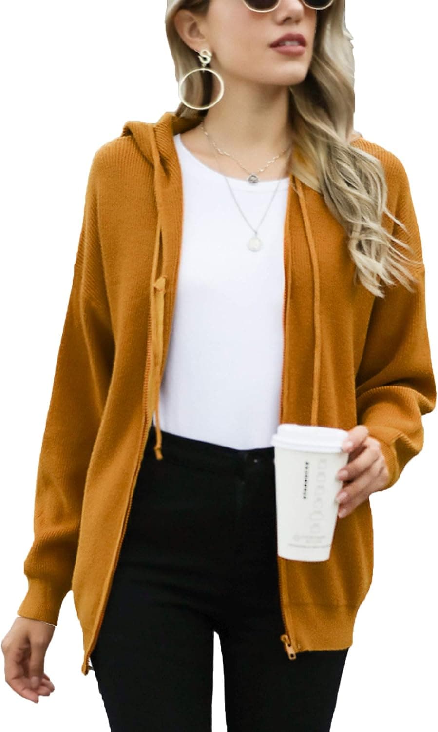 Irevial Cozy Sweaters for Women, Ladies Full Zip Long Sleeve Plus Size Hoodies V Neck Lightweight Cardigan Loose Casual Knit Top Fall Coat Ginger 2XL