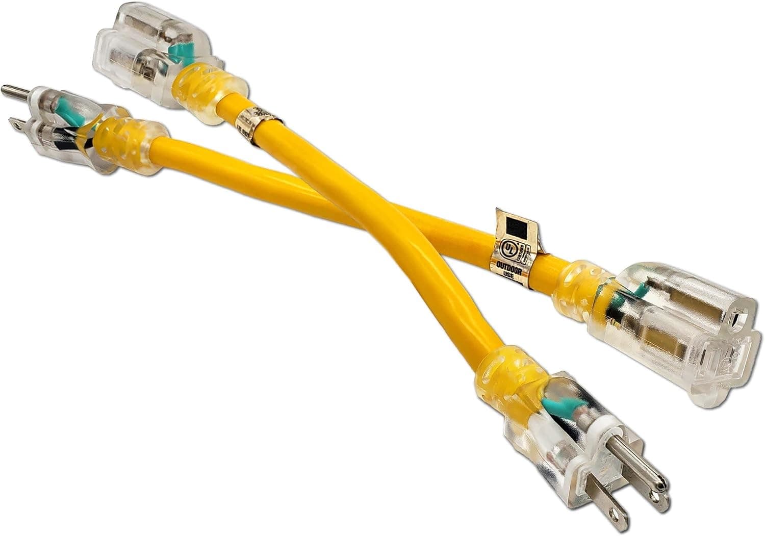 2 Pack - 1 ft - 12 Gauge Heavy Duty Lighted SJTW Indoor/Outdoor Yellow Extension Cord by Watt's Wires - Two Pack of Short 1' 12-Gauge Grounded 15-Amp Power-Cord (1 Foot 12-Awg Yellow)
