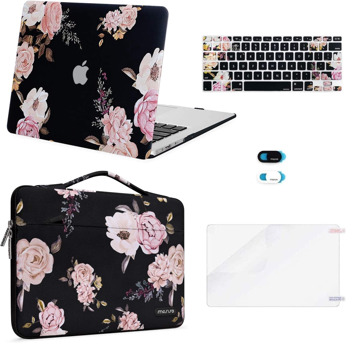 MOSISO Compatible with MacBook Air 13 inch Case (A1369 & A1466, Older Version 2010-2017 Release), Plastic Peony Hard Shell Case&Carrying Sleeve Bag&Keyboard Cover&Webcam Cover&Screen Protector, Black