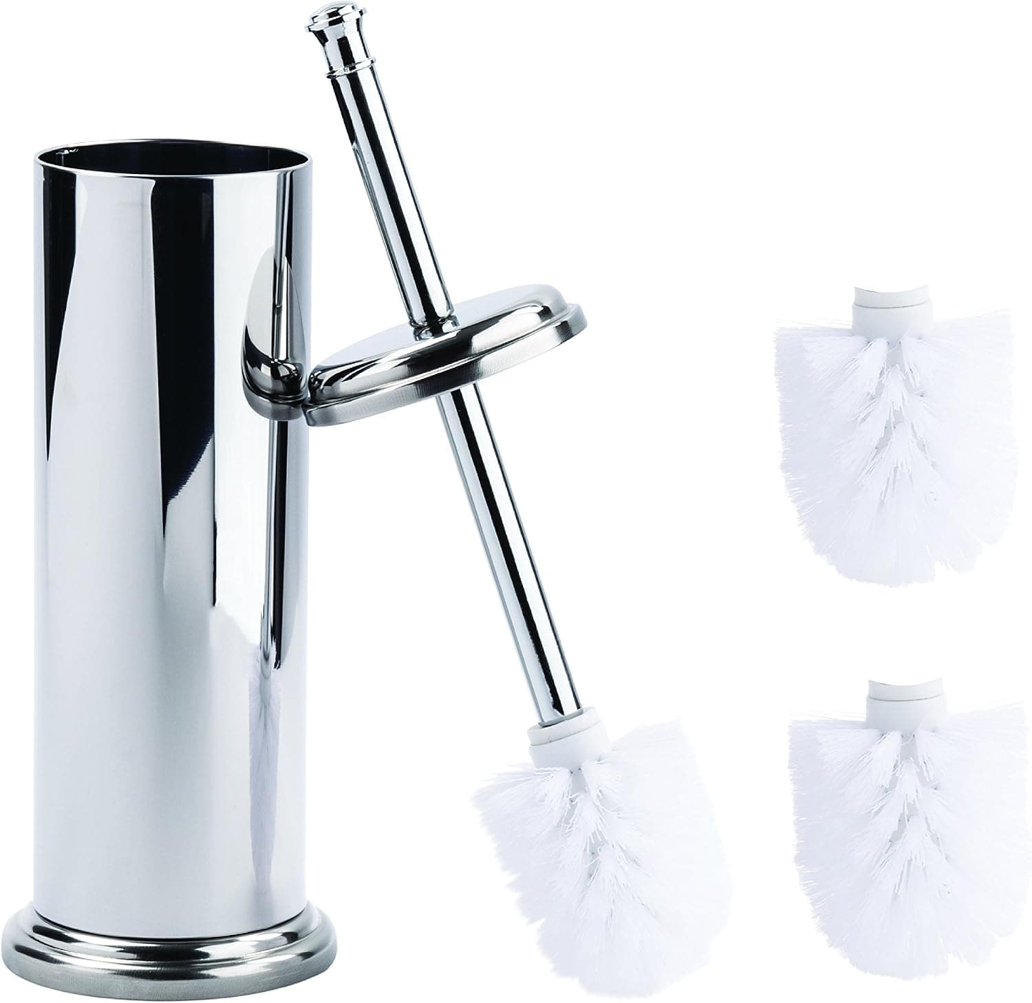 Elegant Toilet Brush and Canister by MAYA | Now with A Metal Handle and 2 Replacement Heads, Compact Design for Small Spaces, Tapered Head, Rust Resistant (Chrome)