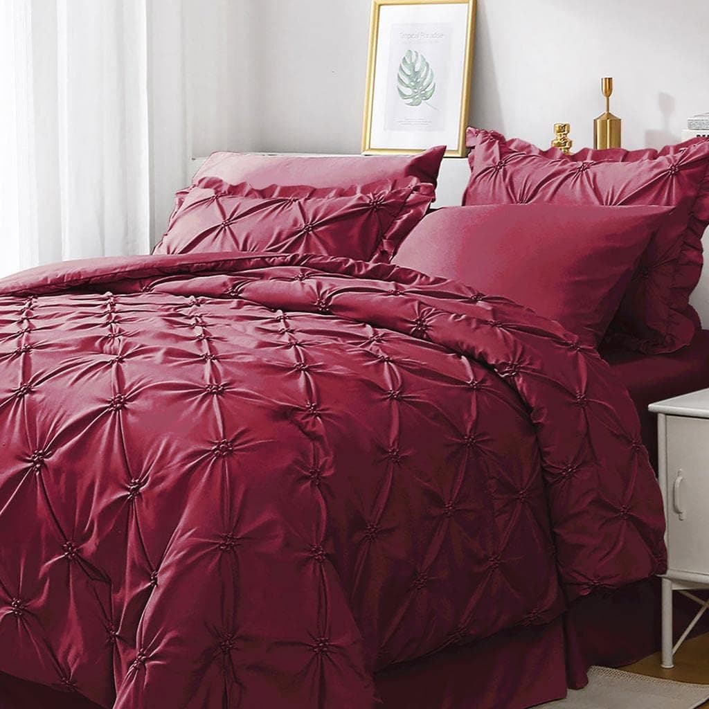 JOLLYVOGUE Dark Red Full Size Comforter Sets 8 Pieces, Pintuck Bed in a Bag Comforter Set for Bedroom, Bedding Comforter Sets with Comforter, Sheets, Bed Skirt, Ruffled Shams & Pillowcases