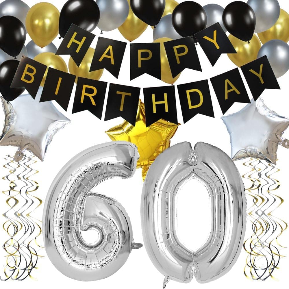 KUNGYO Classy 60TH Birthday Party Decorations Kit-Black Happy Brithday Banner,Silver 60 Mylar Foil Balloon, Star, Latex Balloon,Hanging Swirls, Perfect Sixty Years Old Party Supplies