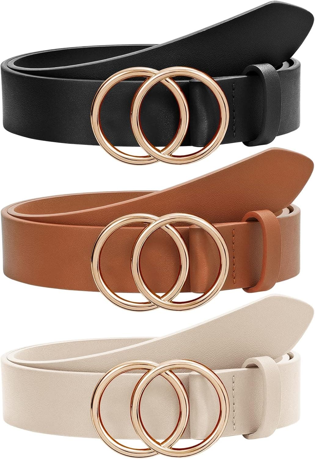 SANSTHS 2 Pack Women Leather Belts Faux Leather Jeans Belt with Double O-Ring Buckle Size up to 58 inch