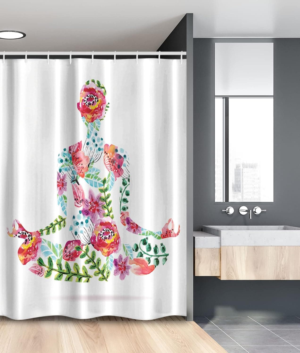 Ambesonne Yoga Stall Shower Curtain, Colorful Yoga Pose Floral Human Leaf Meditating Spring Wellness Vibrant Colors Namaste, Fabric Bathroom Decor Set with Hooks, 54" W x 78" L, Pink Blue