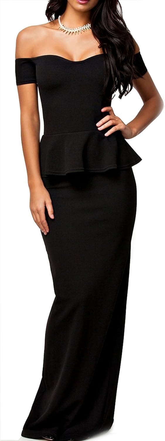 NUOREEL Women's Drop Shoulder Peplum Maxi Evening Dress Medium Size Black