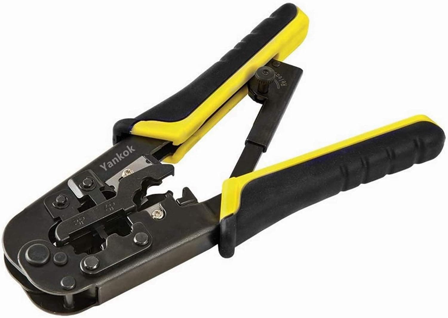Yankok [RJ45 RJ12 RJ11 Modular Crimper] for CAT5/5e CAT6 Network Connectors 8P/6P/4P and UTP/STP Ethernet Cables Strip Cut and Crimp Tool N5684R Black Handle (Ratcheting Mechanism. Easy to Storage)