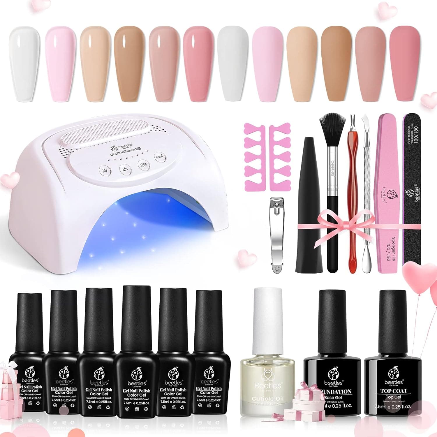 Beetles Gel Nail Polish Kit with U V LED Light 48W，6 Colors Jelly Milky White Sheer Pink Nude Gel Polish Starter Kit Manicure, Soak off U V Gel Nail Polish Set Salon DIY Home Gel Nail Gift for Women