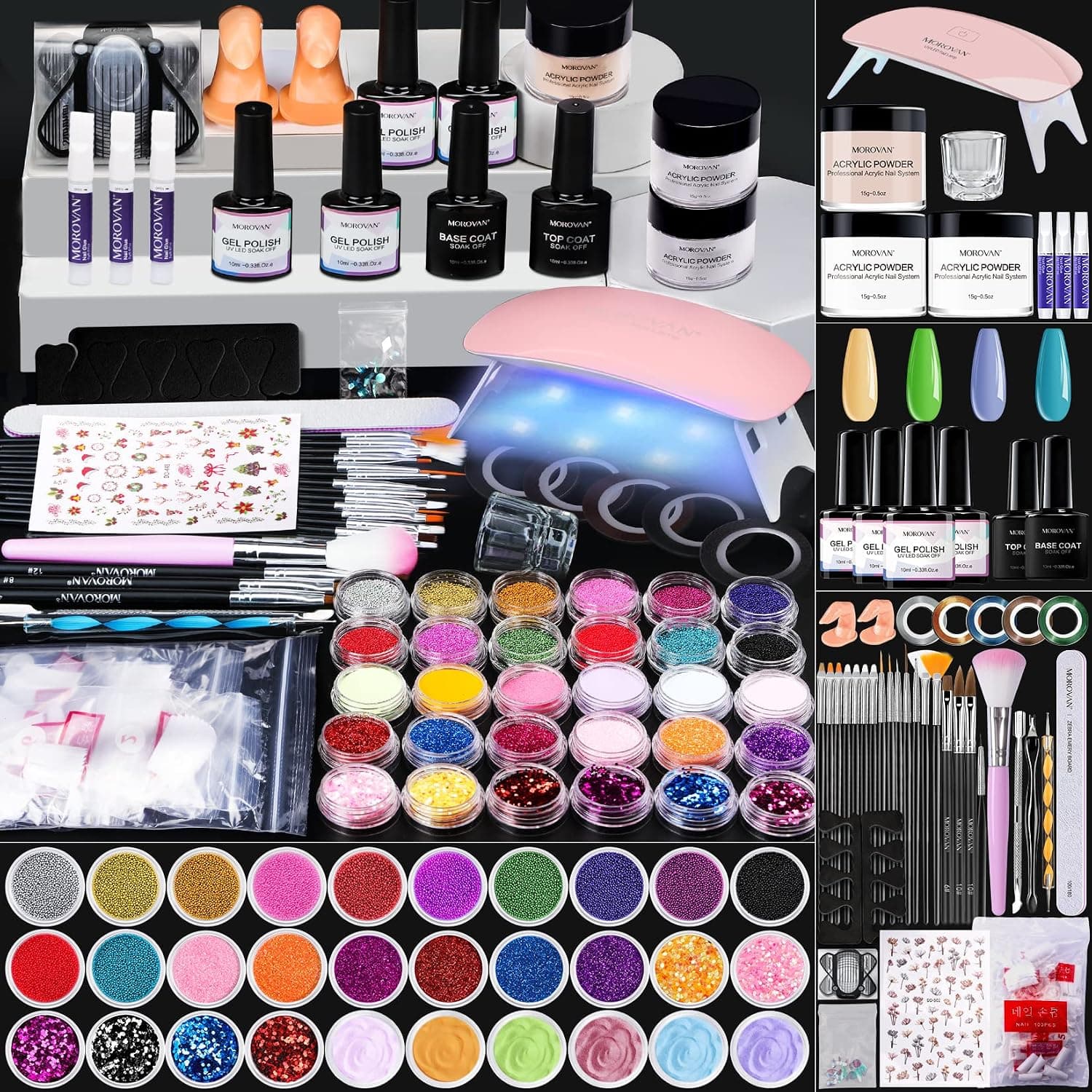 Morovan Acrylic Nail Kit - Professional Nails Kit Acrylic Set with Nail Lamp Gel Nail Polish 4 Colors Top Base Coat for Beginners DIY Nail Art Acrylic Nails Extension