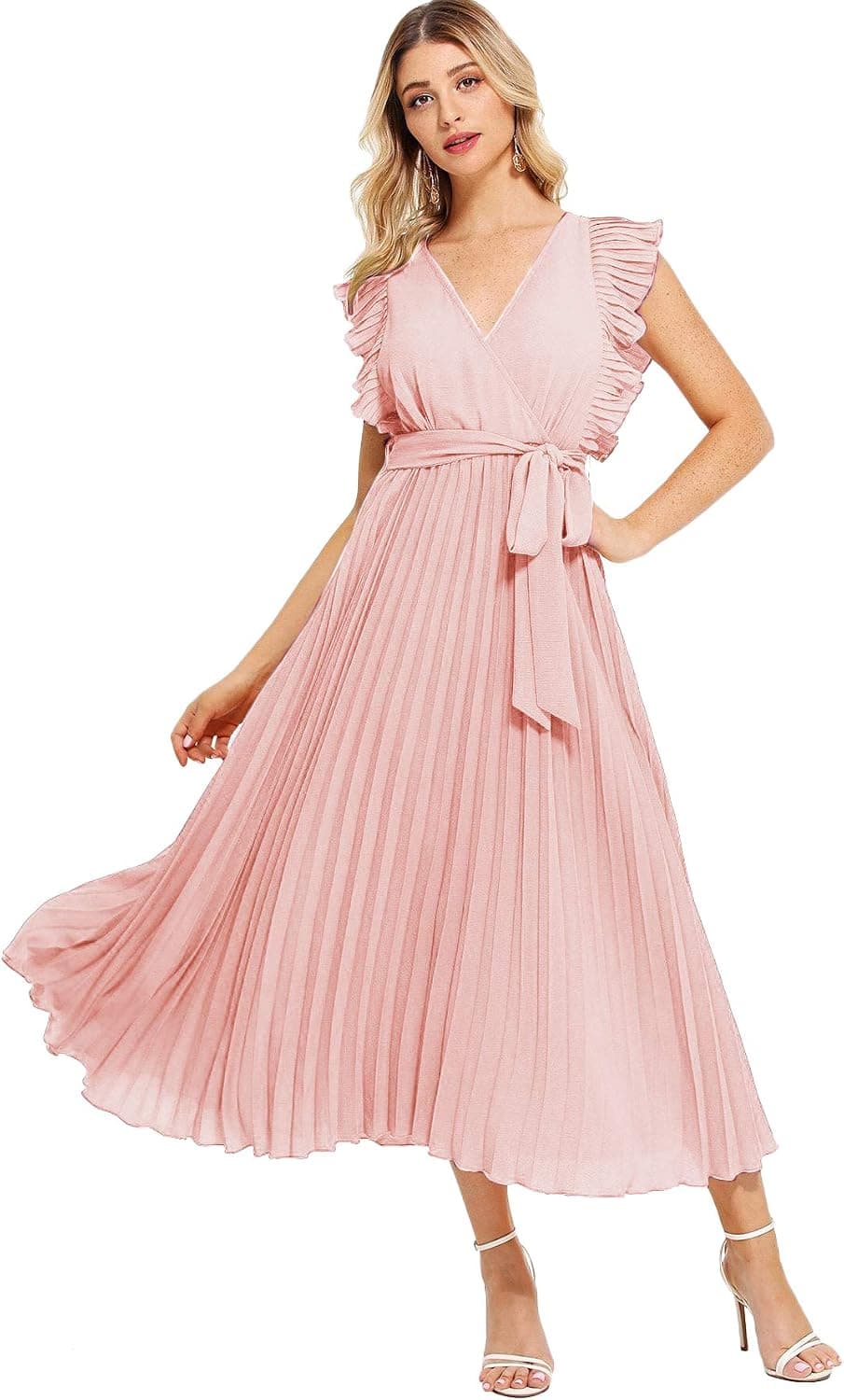 Milumia Women Casual A Line Summer Pleated Wrap V Neck Classic Dress Pink Medium