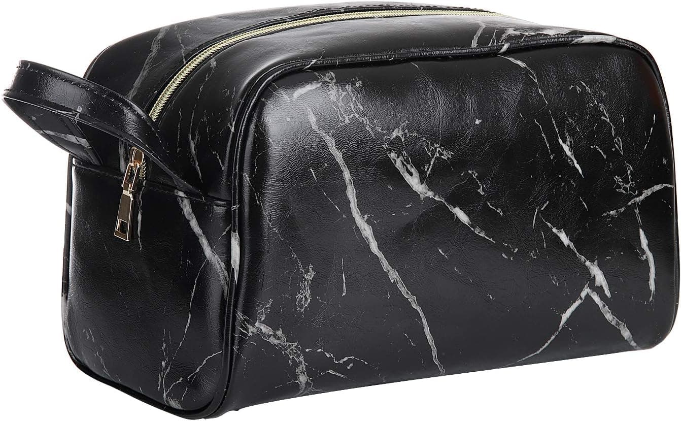OXYTRA Toiletry Organizer Wash Bag Travel Hanging Dopp Kit for Men,PU Leather Cosmetic Bag Makeup Bag for Women Girls (Black Marble)