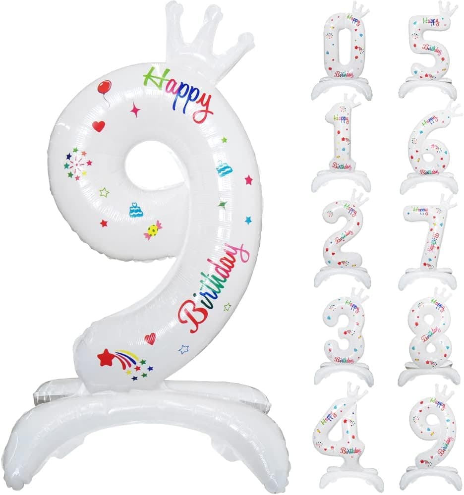 TONIFUL 32 Inch White Self Standing Number Balloons 0-9, Giant Jumbo Helium Foil Mylar Big Happy Birthday Number 9 Digital Nine Balloons for Birthday Party Anniversary Wedding Decorations