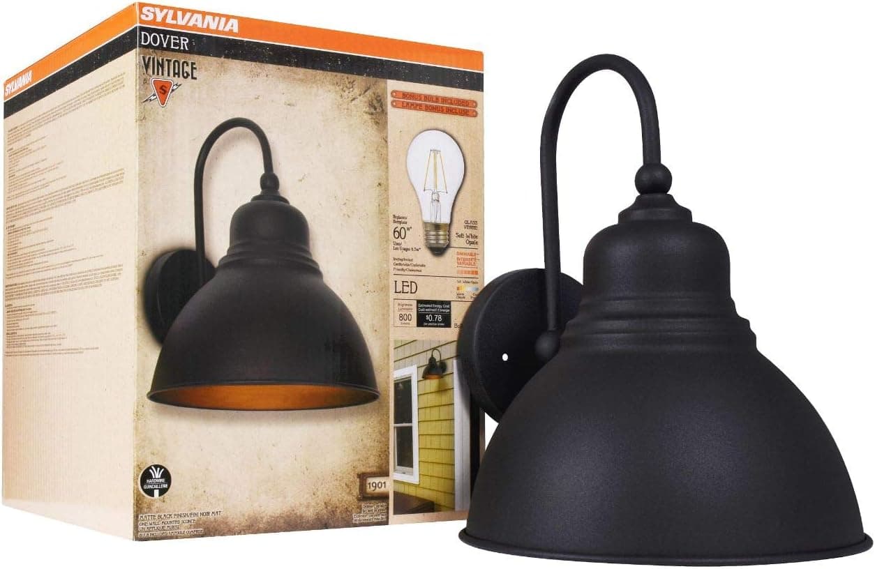 Sylvania Dover Vintage Light Fixture, Flush Mount Sconce with Dimmable Clear 8.5 A19 Filament LED Bulb Included, Black Finish (60122)