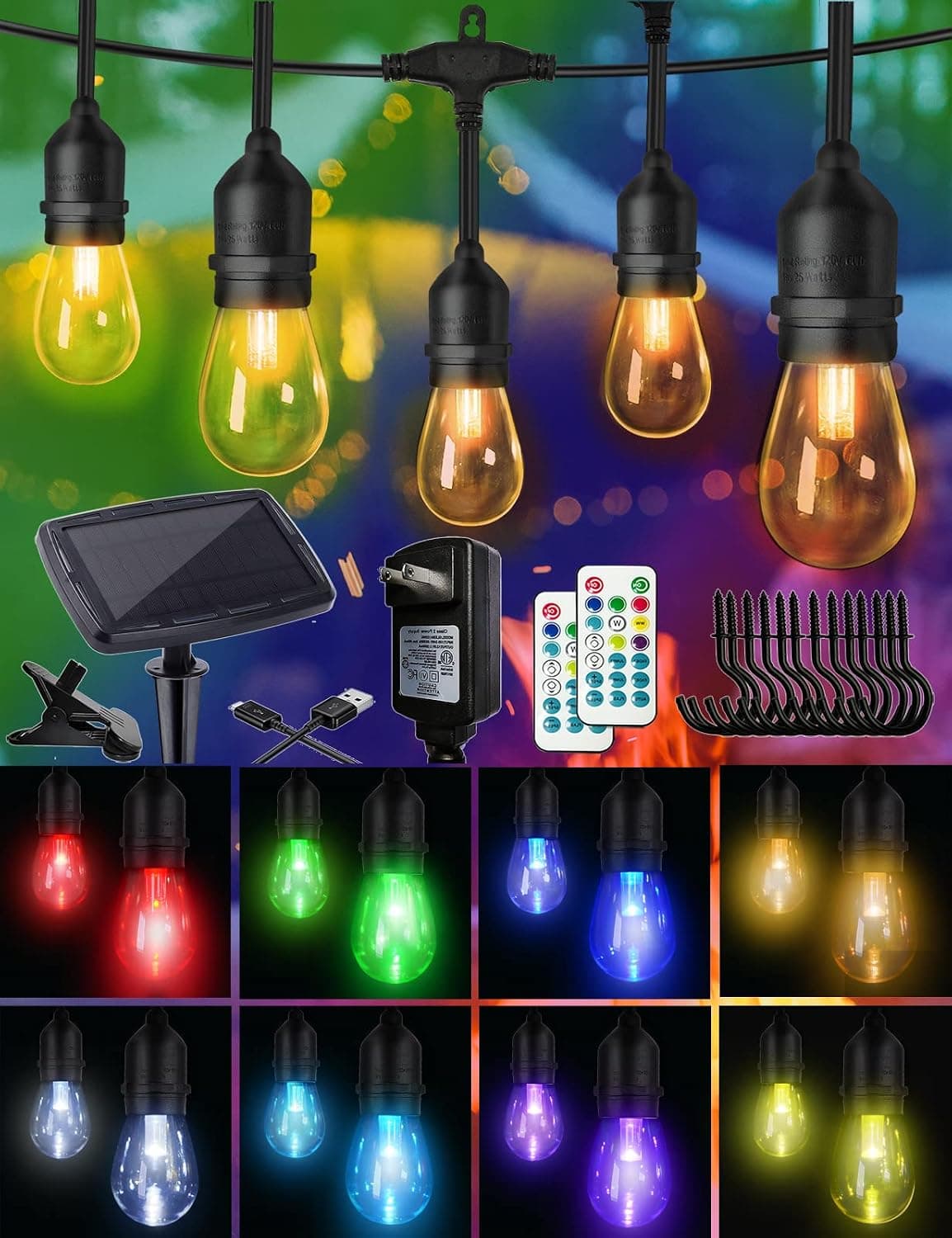 Classhine 48FT Electric & Solar Multicolor Outdoor String Lights Dimmable 8 Color Change via Remote, RGB Patio Deck Lights Waterproof, 15 Sockets, 15+3 LED Bulbs Shatterproof, Porch Cafe Yard Decor