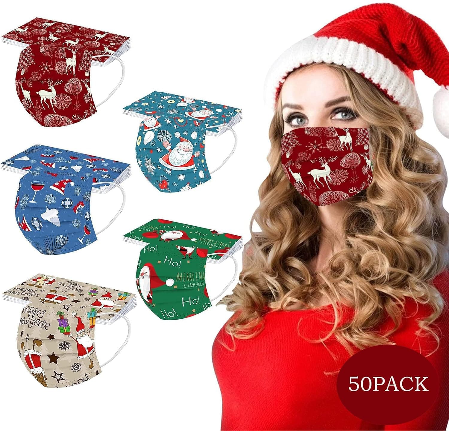50Pcs Christmas Disposable Face_Masks for Adults, 3Ply Breathable Protective Disposable_Masks with Santa Claus Deer Designs