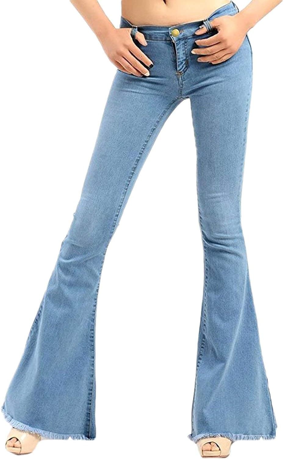 CHARTOU Women's Asymmetric Tassel Flared Slit Ripped Jeans Denim Pants