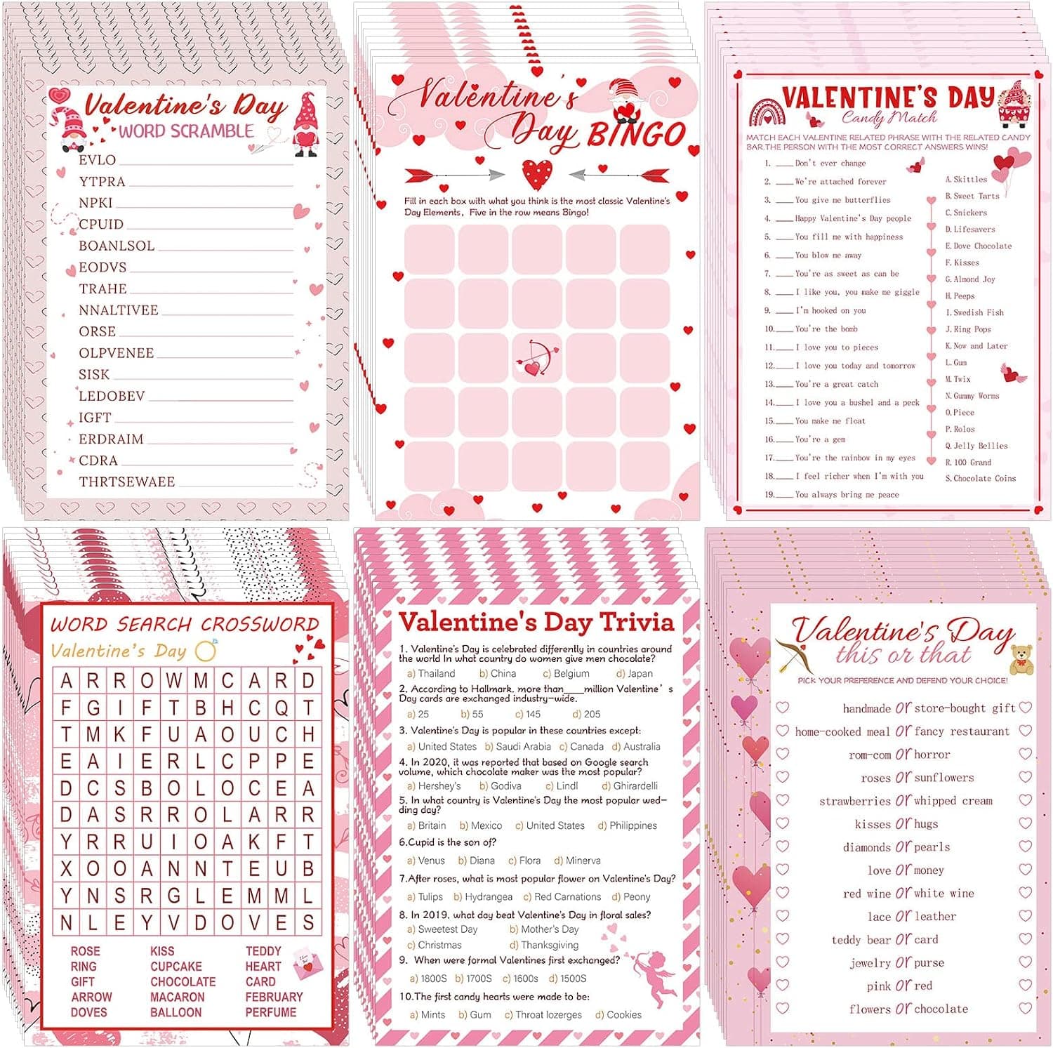 Funtery 150 Pcs Valentine's Day Games Valentine Bingo Game for Adults Kids Valentine's Day Party Games Word Search Classroom Games Valentine Gifts Boys Girls Birthday Party Favors Supplies, 6 Style