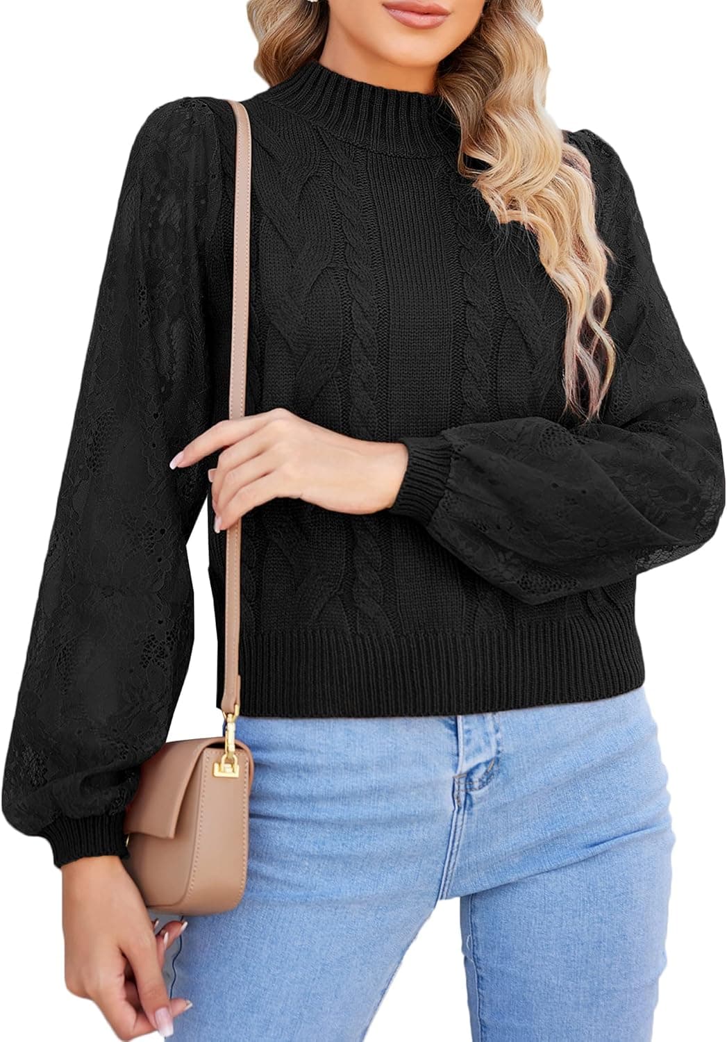 Hotouch Women Lace Crochet Long Sleeve Turtleneck Sweaters Winter Knit Pullover Jumper Tops XS-XL