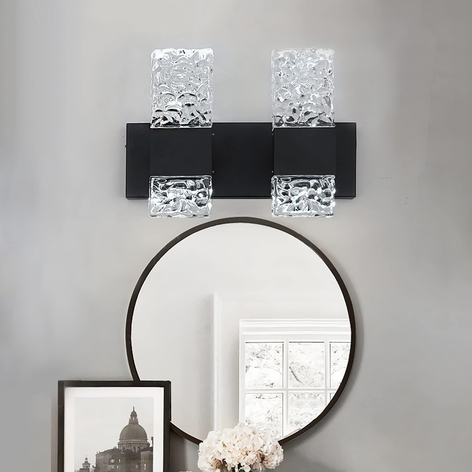 hetolod Bathroom Vanity Lights Black LED Modern 2 Lights Crystal Vanity Lighting Fixtures，Indoor Wall Light，Up and Down Lights Glow, 360° Light Zone,6000K 3200LM White Light