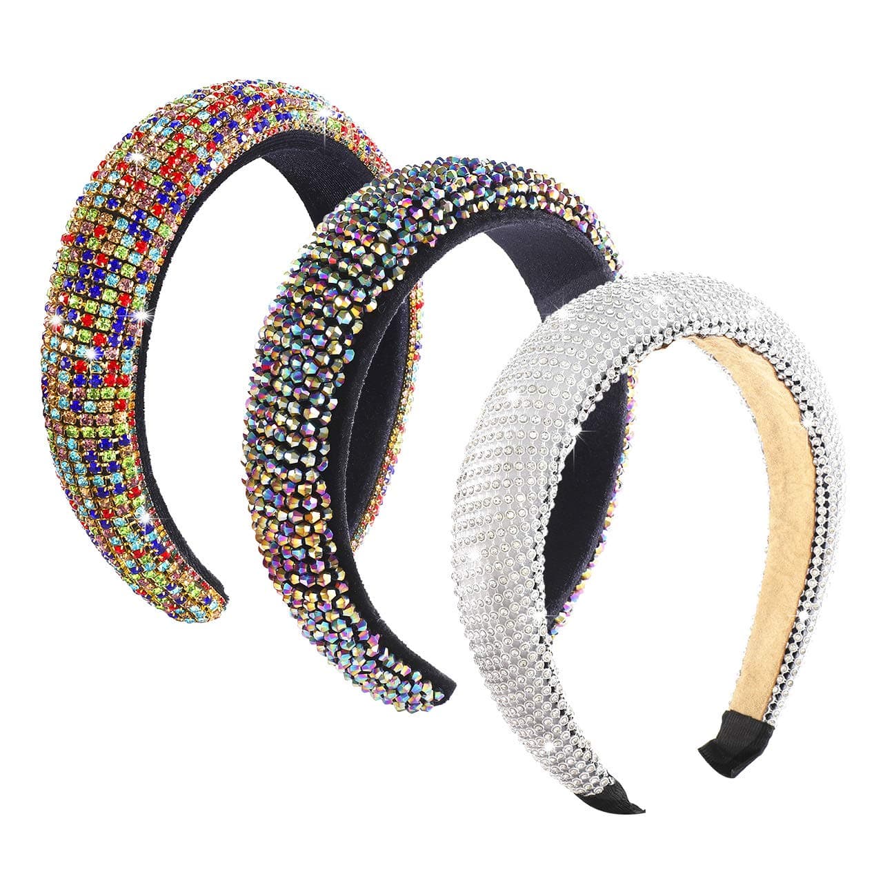 Rhinestone Padded Headband Colorful Baroque Crystal Beaded Hairband Sparkling Bejewelled Wide Velvet Hair Hoop Wedding Party Holiday Hair Accessory for Women Girls (Beaded Rhinestone)