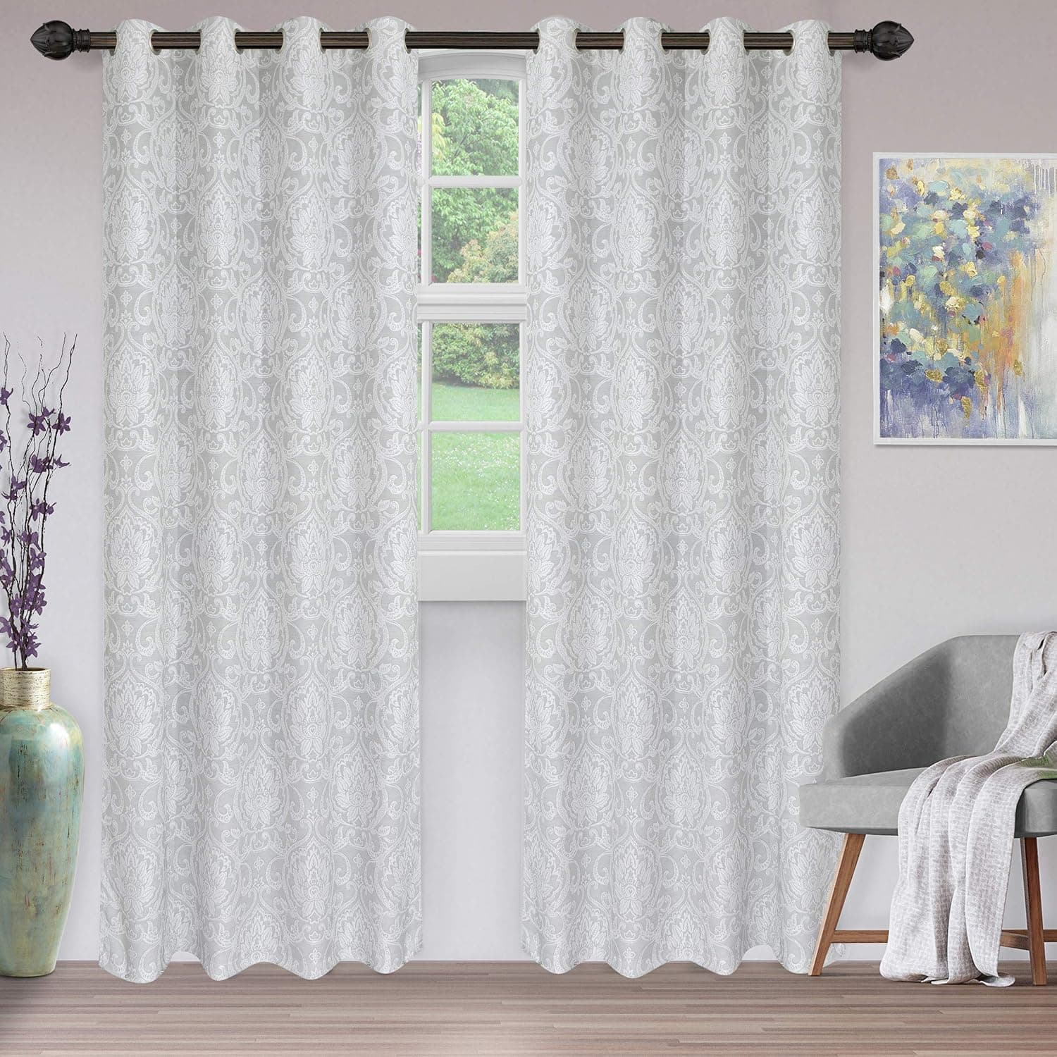 Bayberry Jacquard Weave Curtains, Floral Damask Pattern, Opaque, Light Filtering, Durable, Stain Resistant, Bedroom and Living Room, Stainless-Steel Grommets, Vintage, Set of 2, Light Grey, 52" x 108"