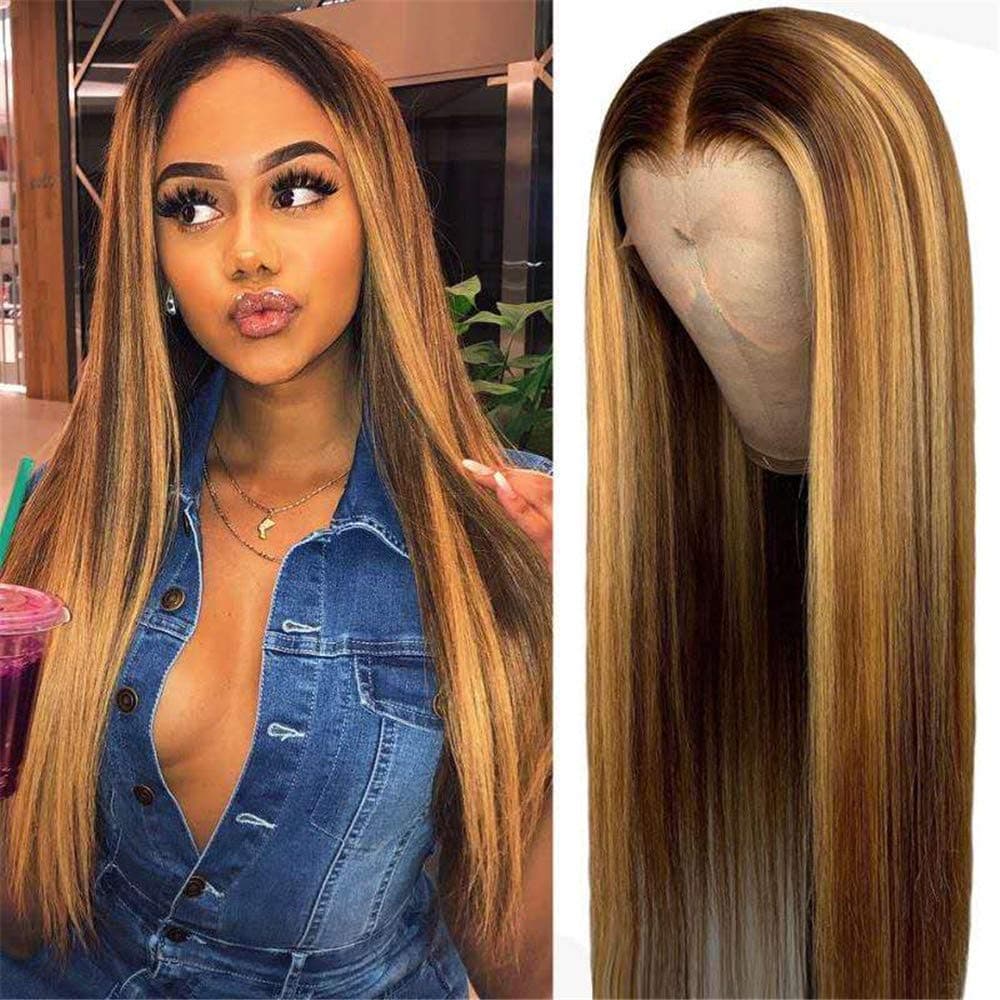 Long 13X1 Deep Part HD Transparent Lace Front Human Hair Wig Straight Highlight Brown Honey Blonde Color Hair Pre Plucked Brazilian Virgin Hair Wigs with Baby Hair 150% Density Bleached Knots 22 Inch