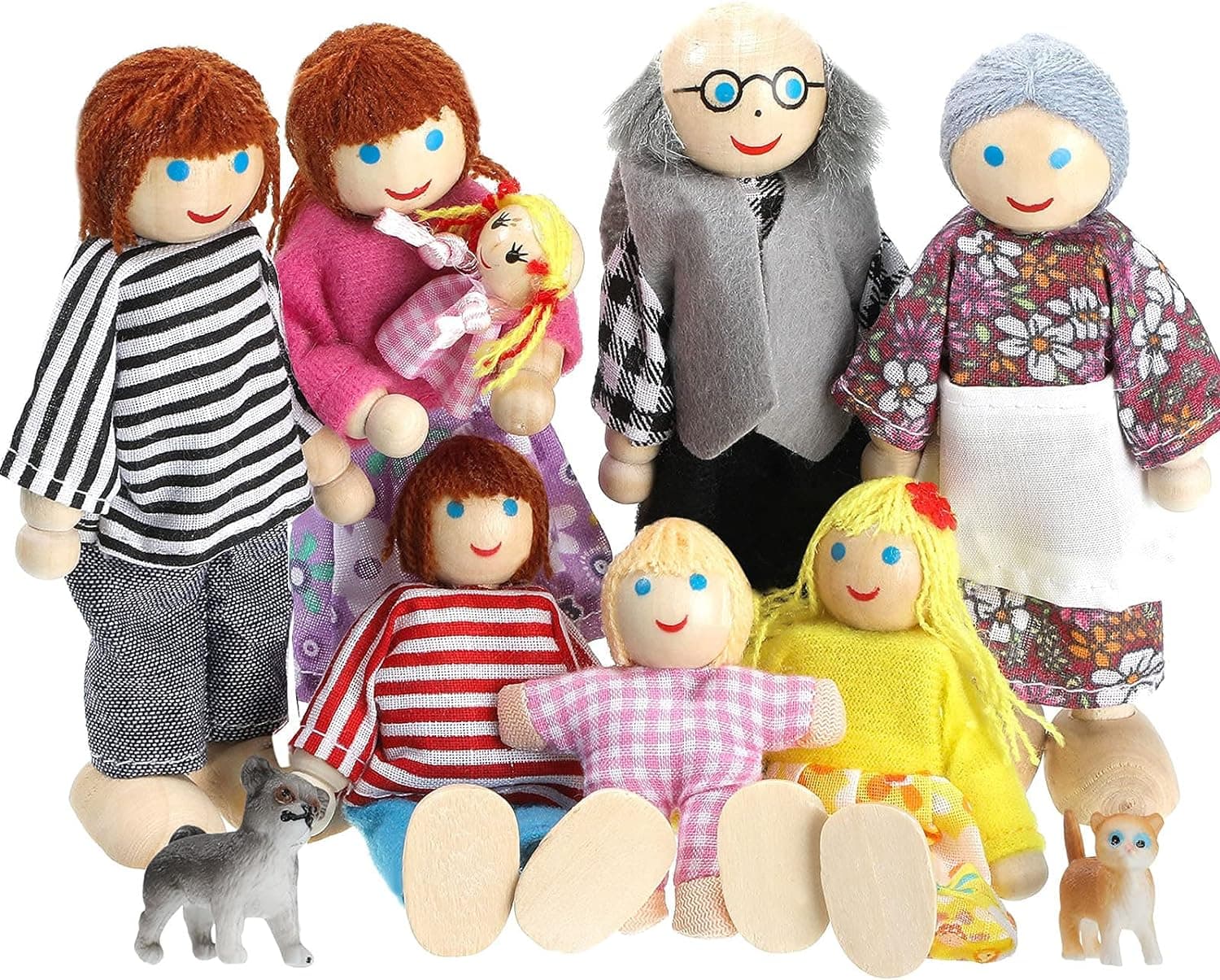 Skylety 10 Pcs Wooden Dollhouse Family Set of 8 Mini People Figures and 2 Pets, Dollhouse Dolls Wooden Doll Family Pretend Play Figures Accessories for Pretend Dollhouse Toy (Classic Style)