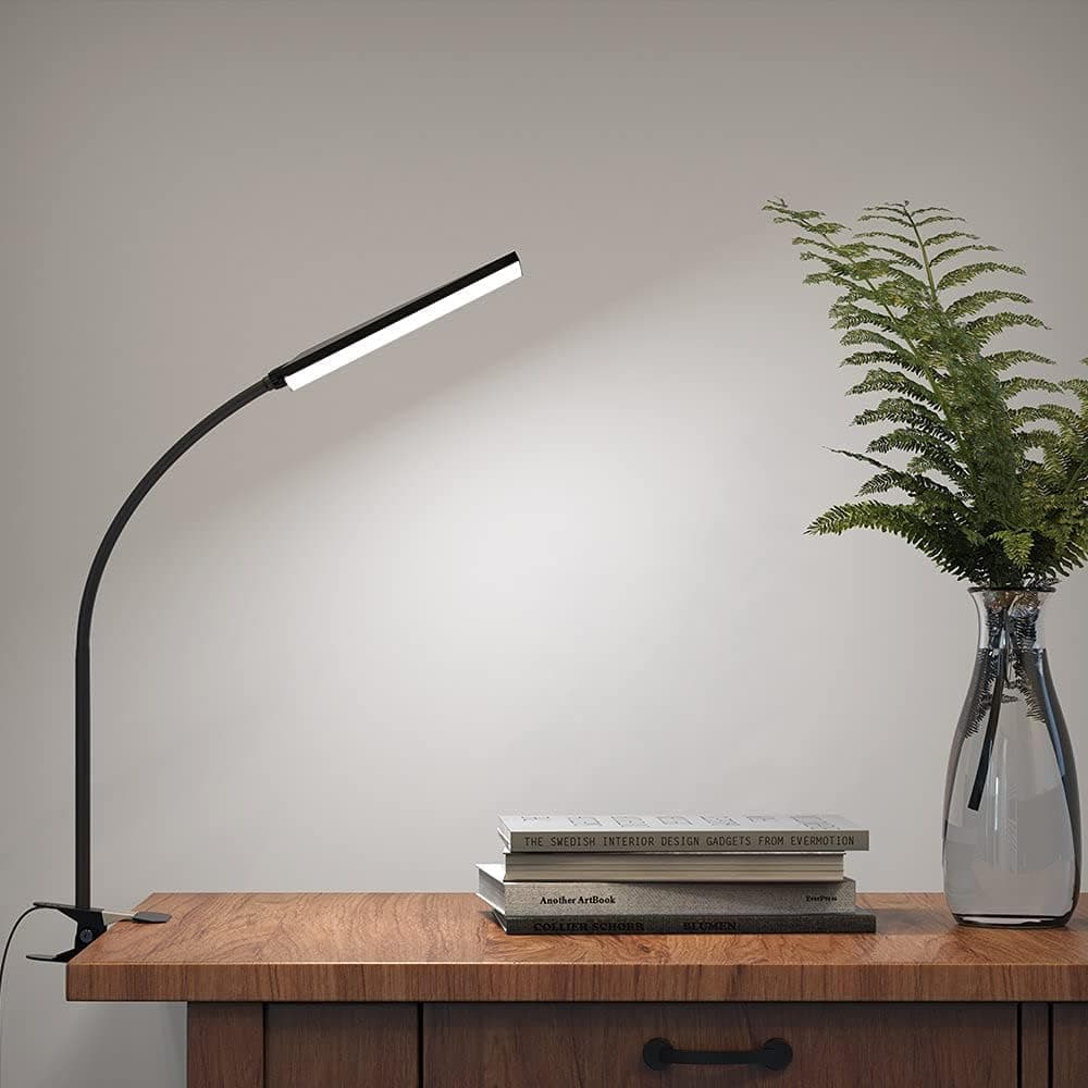 SAN USB Light, Clip on Light 48 LED USB Desk Lamp Eye Protection Dimmable Lamp, 3 Color Modes 11 Brightness, Adjustable Flexible Metal Gooseneck Reading Light Clip Light for Desk Black 5W