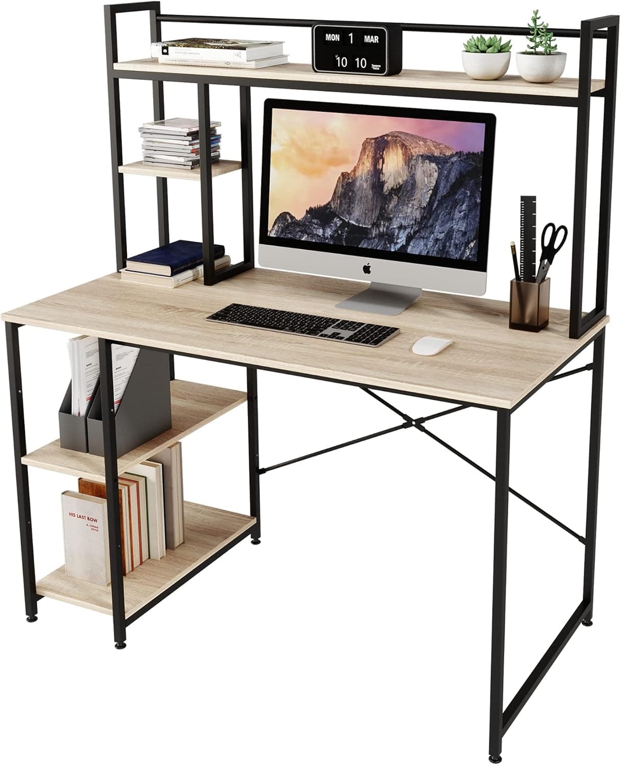 Bestier Computer Desk with Hutch and Storage Shelves, 47 inch Home Office Desk with Storage Shelves Writing Table with Bookshelf, Space-Saving Workstation for Bedroom Small Spaces, Oak