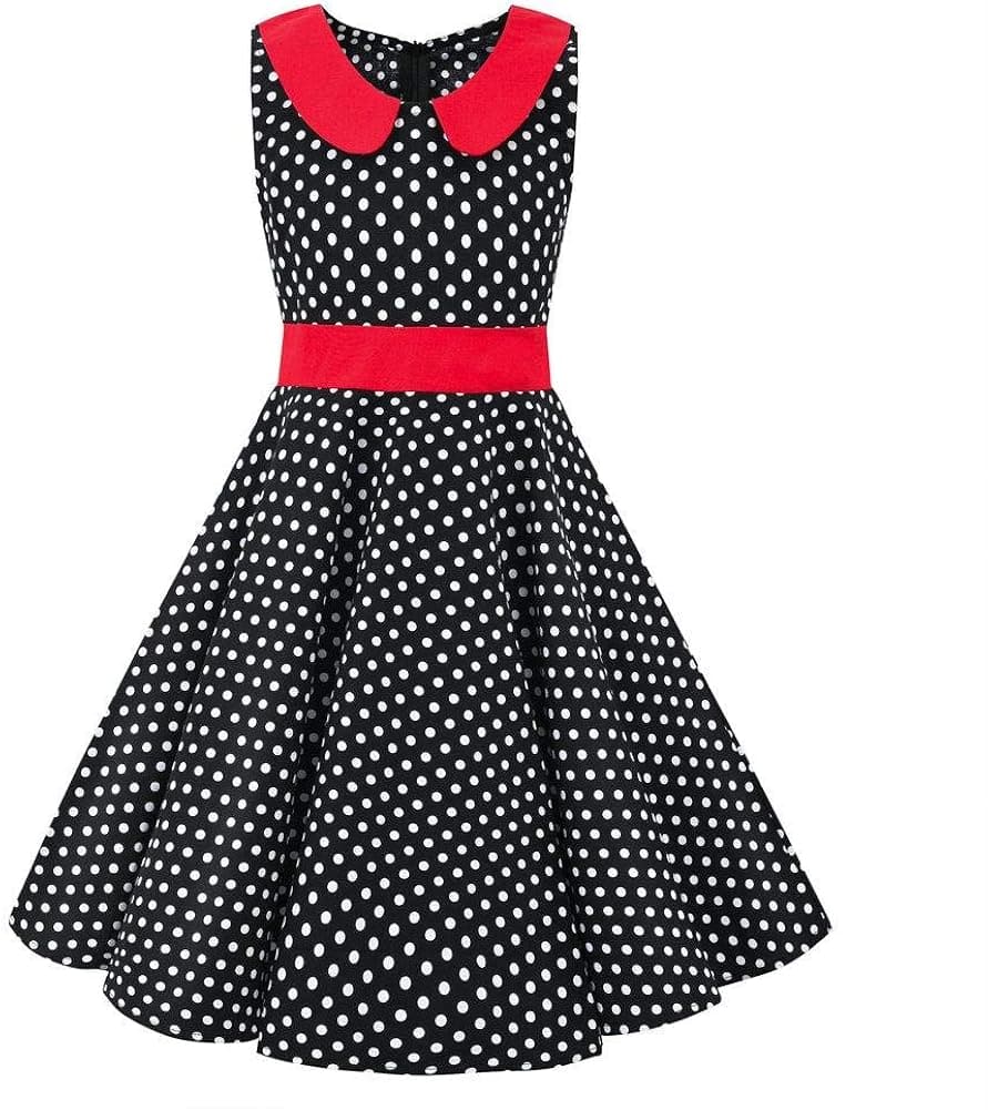Kids Girls 50s Audrey Vintage Polka Dot Swing Party Rockabilly Dress Retro Peter Pan Doll Collar Wedding Casual Skater Dress