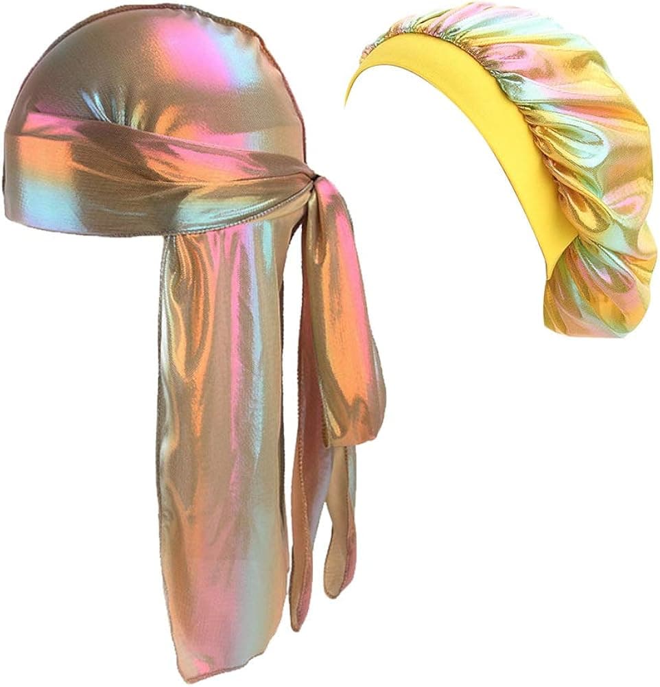 HADM Durag and Bonnet Set with Silky & Durag Long Tail for Women Men 360 Wave Cap, Frizzy Curly Hair, Head Cover