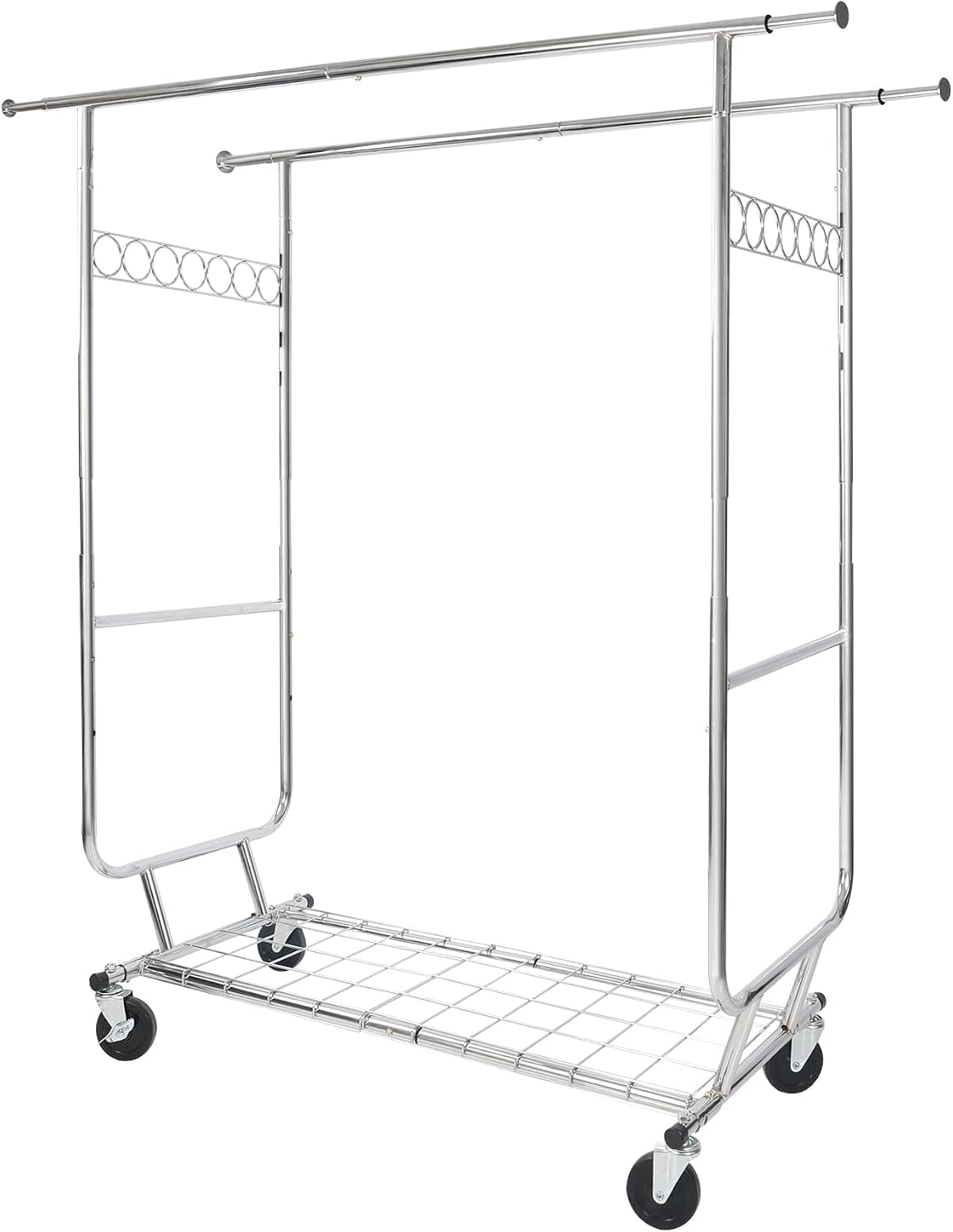 ALUPOM Extendable Double Rod Clothing Rack on Wheels with Shelves Capacity 330lbs, Heavy Duty Rolling Chrome Commercial Garment Rack for Hanging Clothes