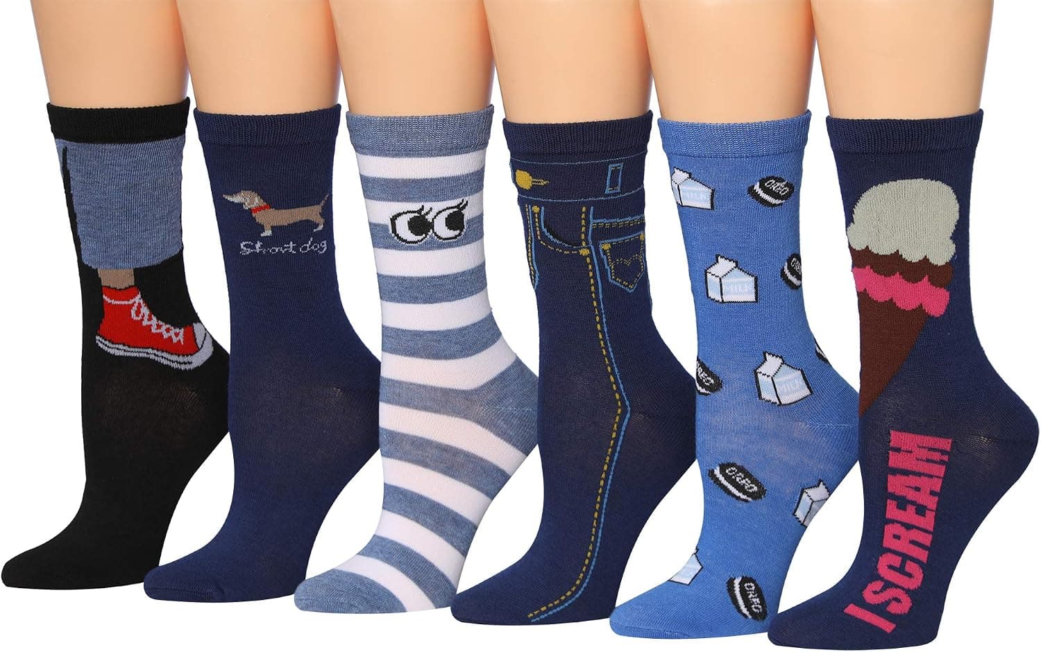 Tipi Toe Women's 6-Pairs Colorful Funky Patterned Crew Dress Socks