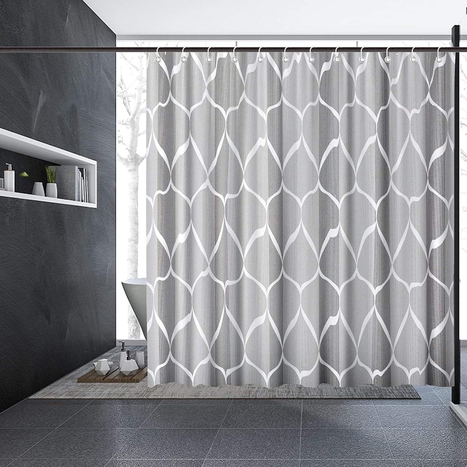 welltop Gray Fabric Shower Curtain, Polyester Shower Curtains Set for Bathroom, Waterproof Quick-Drying Weighted Hem Bath Curtain with 12 Hooks, Machine Washable (71 x 79 in)