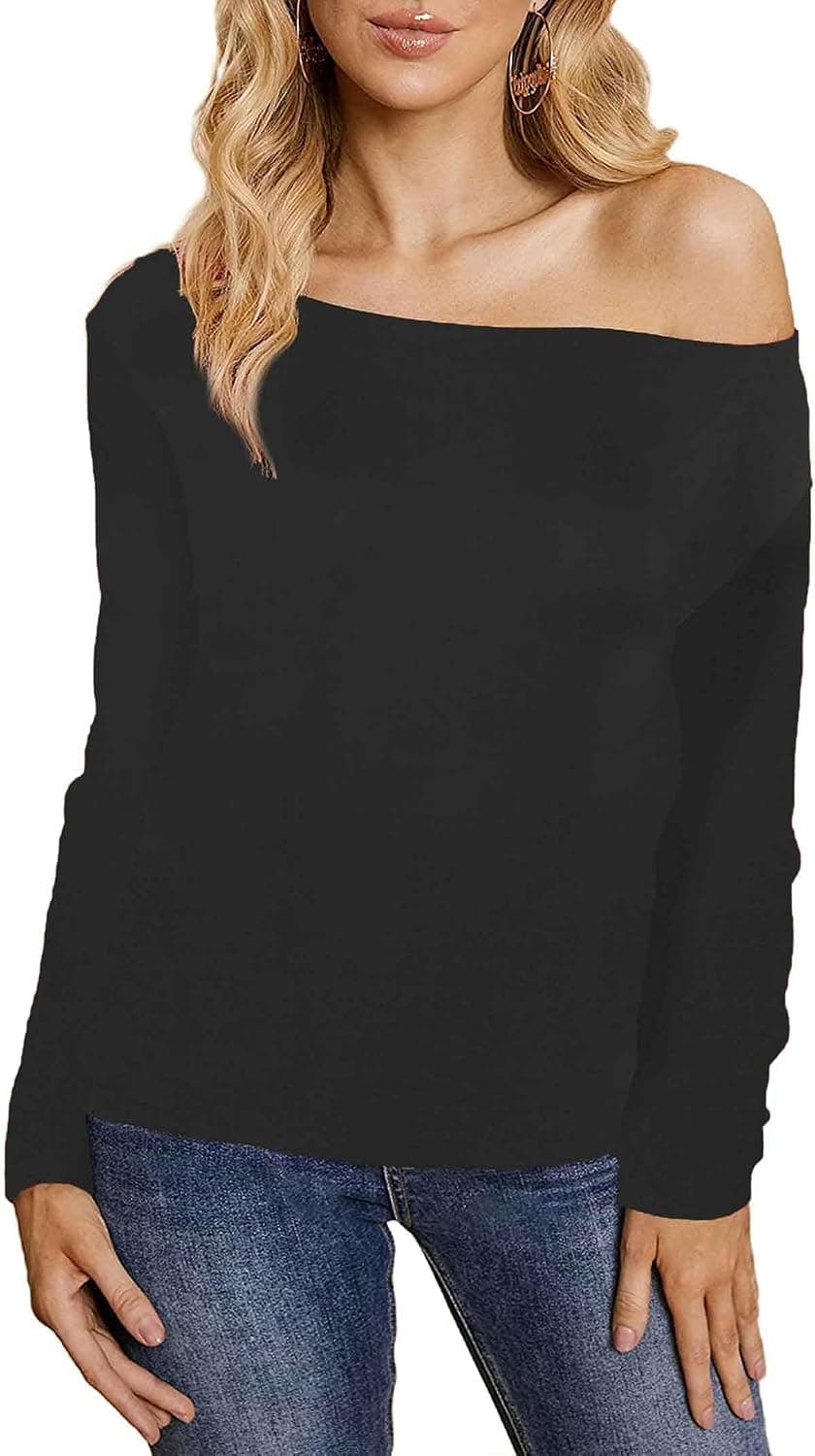 LilyCoco Women Long Sleeve Off The Shoulder Tunic Tops Casual Solid Tee Shirt Blouse Black Large
