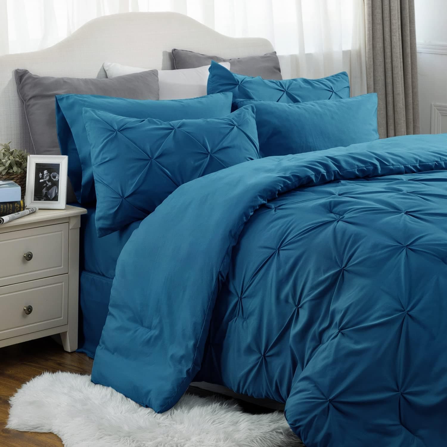 Bedsure Twin Comforter Set with Sheets - 5 Pieces Twin Bedding Sets, Pinch Pleat Teal Blue Twin Bed in a Bag with Comforters, Sheets, Pillowcase & Sham, Kids Bedding Set