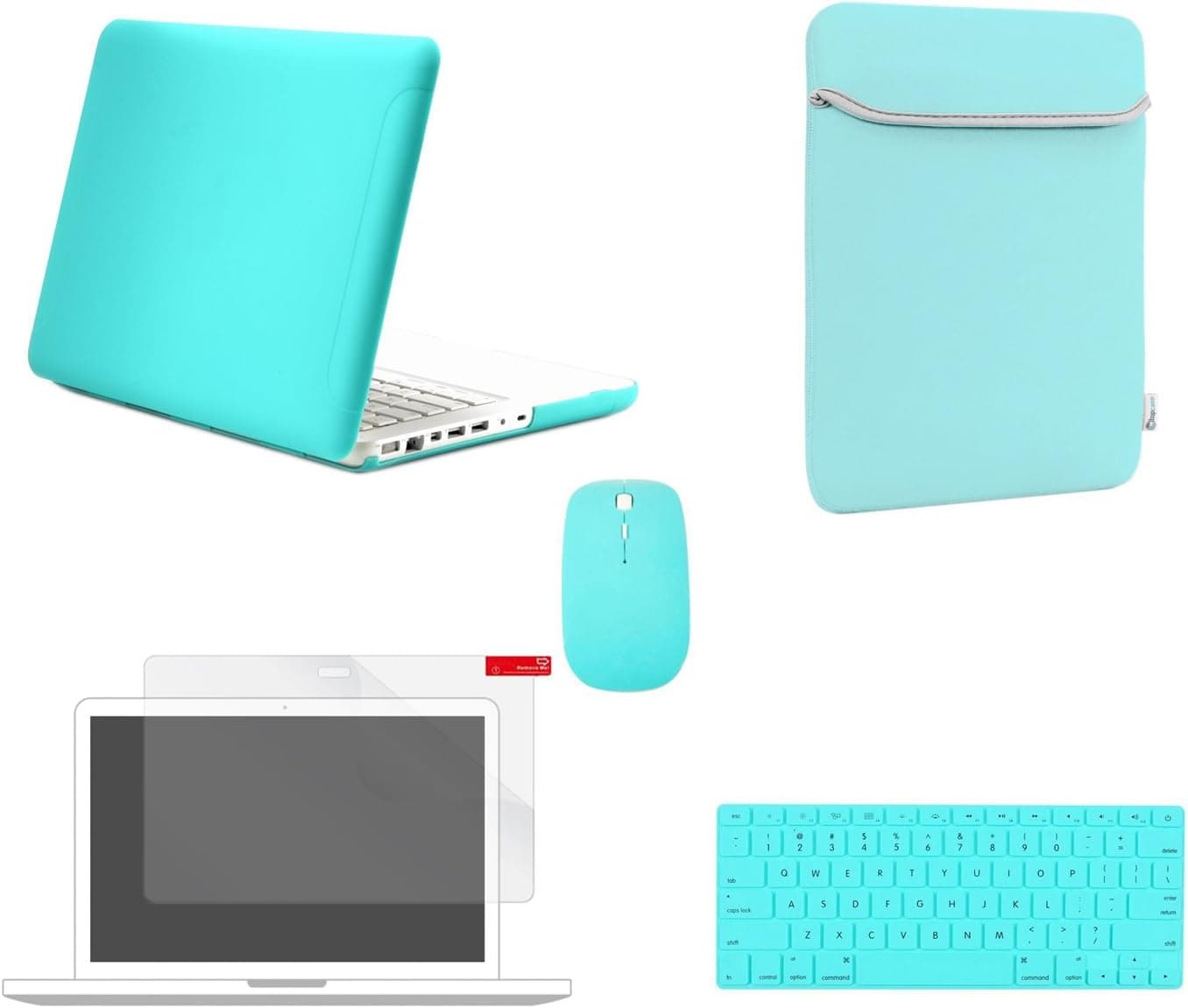TOP CASE - 5 in 1 Omni Bundle Rubberized Hard Case + Sleeve Bag + Keyboard Skin + Wireless Mouse + Screen Protector Compatible MacBook White 13" (A1342 / Latest) - Hot Blue/Turquoise