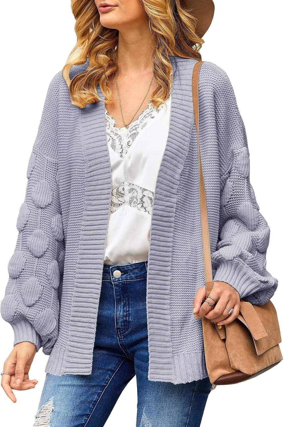 Misassy Womens Oversized Sweaters Open Front Lantern Pom Pom Sleeve Loose Cable Chunky Knit Cardigan Coats