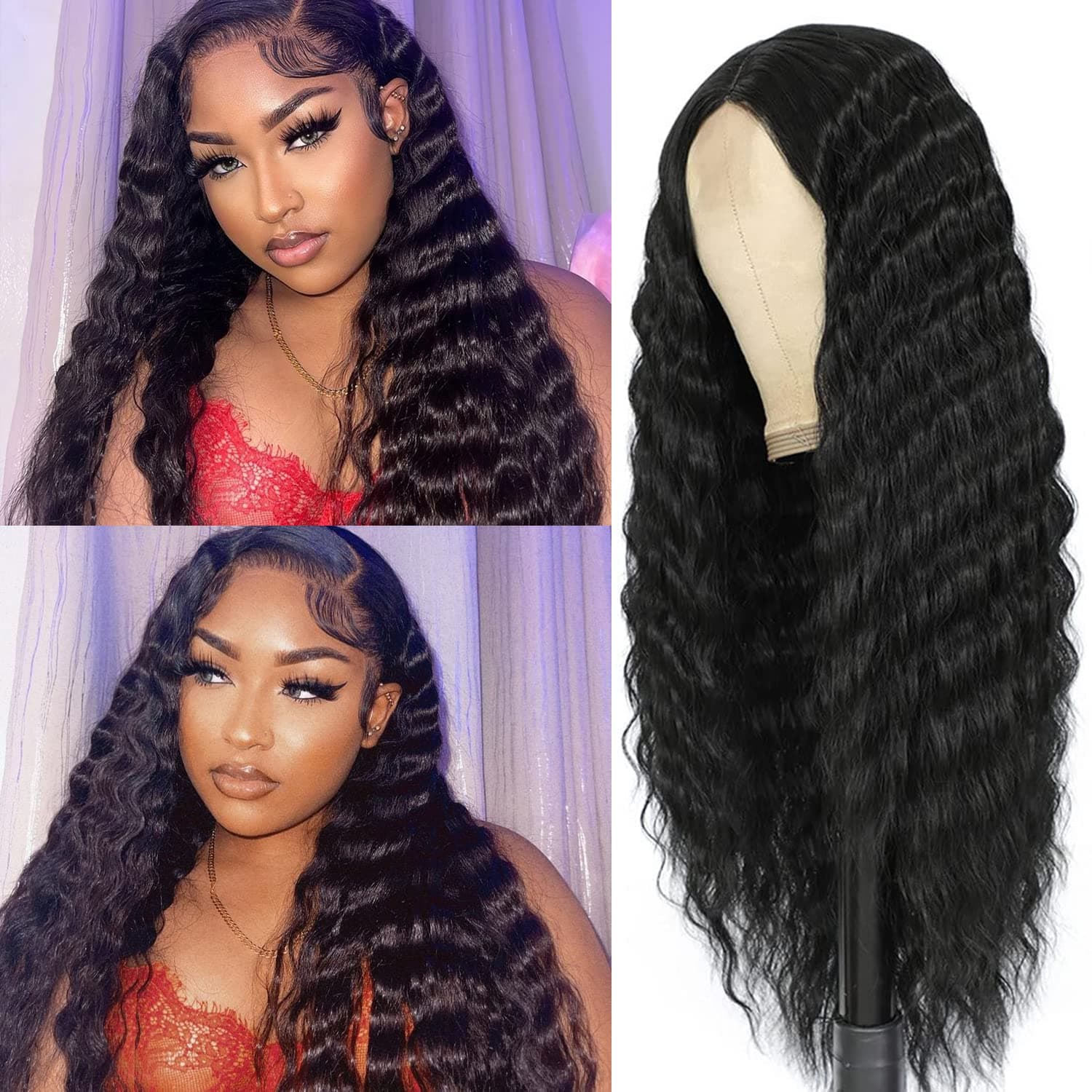 FASHION LADY Deep Wave Wig 28 Inches Synthetic Curly Wigs for Black Women Long Deep Wave Lace Front Wig Natural Crimps Curls Middle Part Fake Scalp Lace Wigs for Daily Party Use (1B)