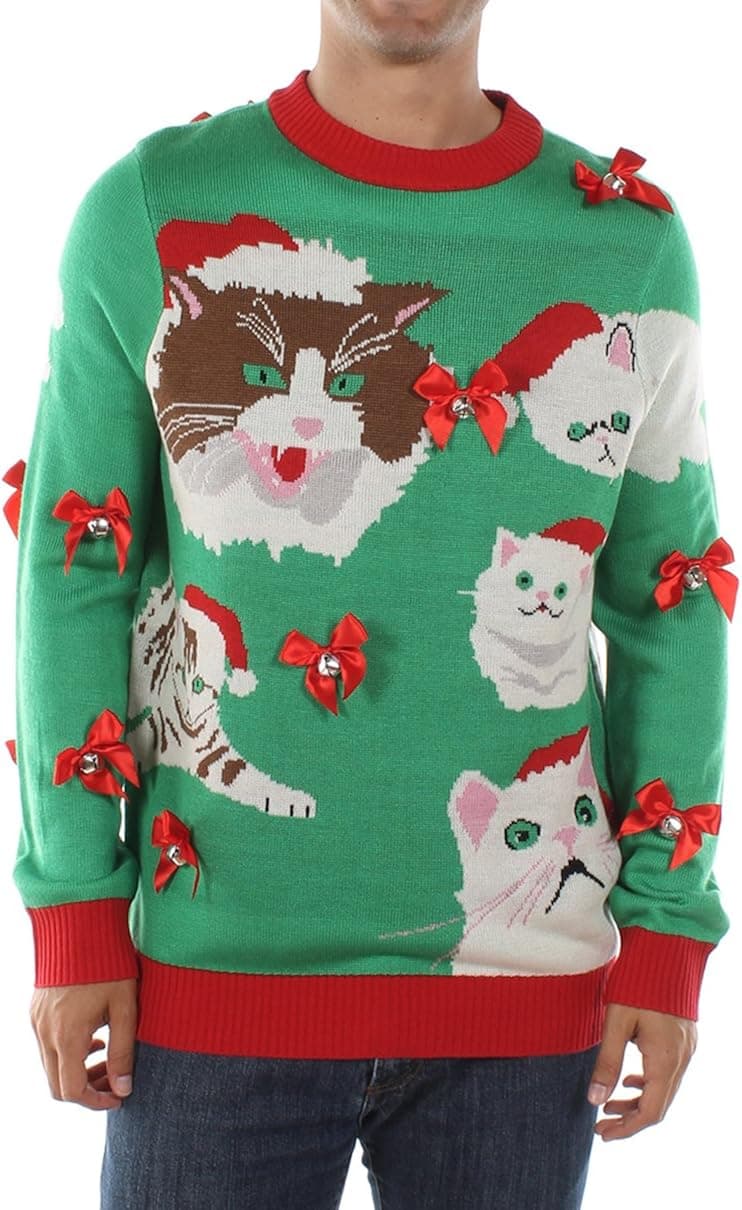 Tipsy Elves Men's Crazy Cat Man Ugly Christmas Sweater Funny Cat Holiday Sweater